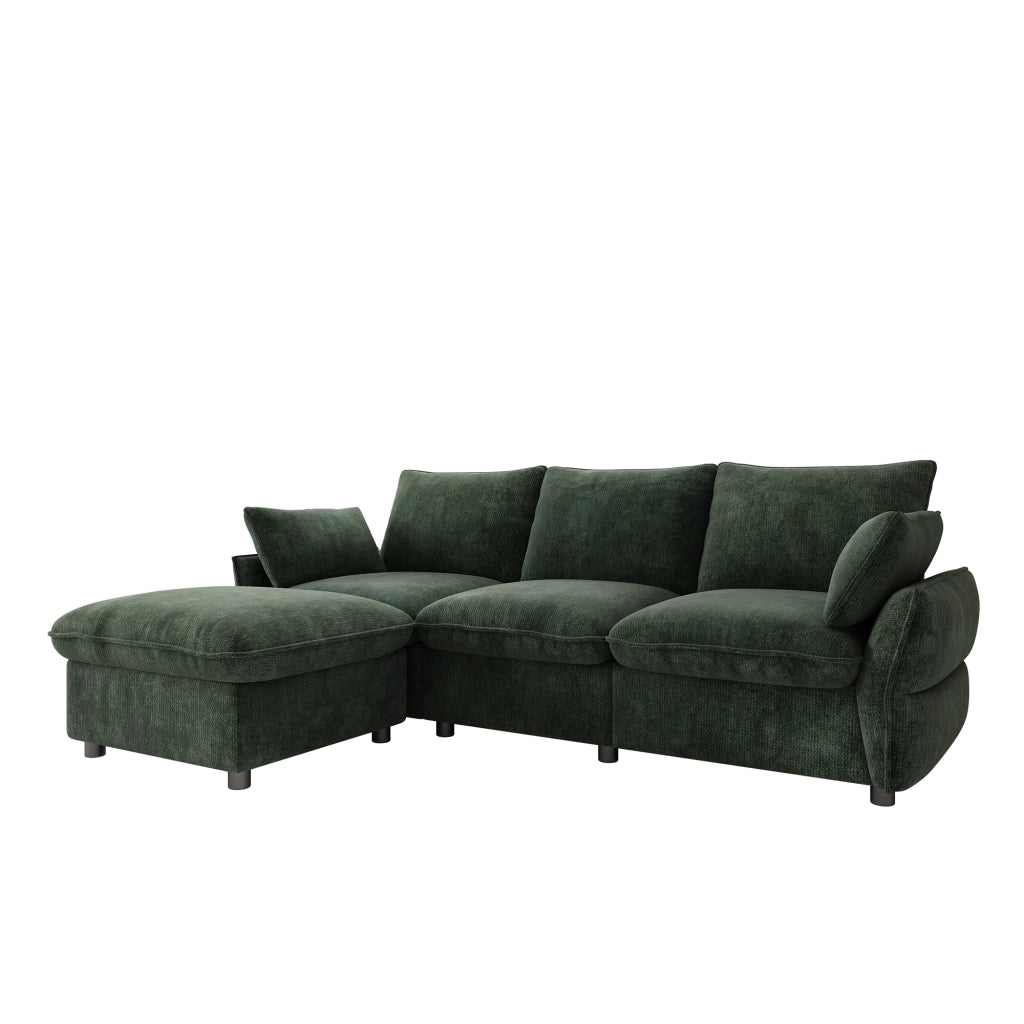 Divano angolare con pouf e 2 cuscini in ciniglia per soggiorno e appartamento verde scuro 222,5 × 154,5 × 76,5 cm