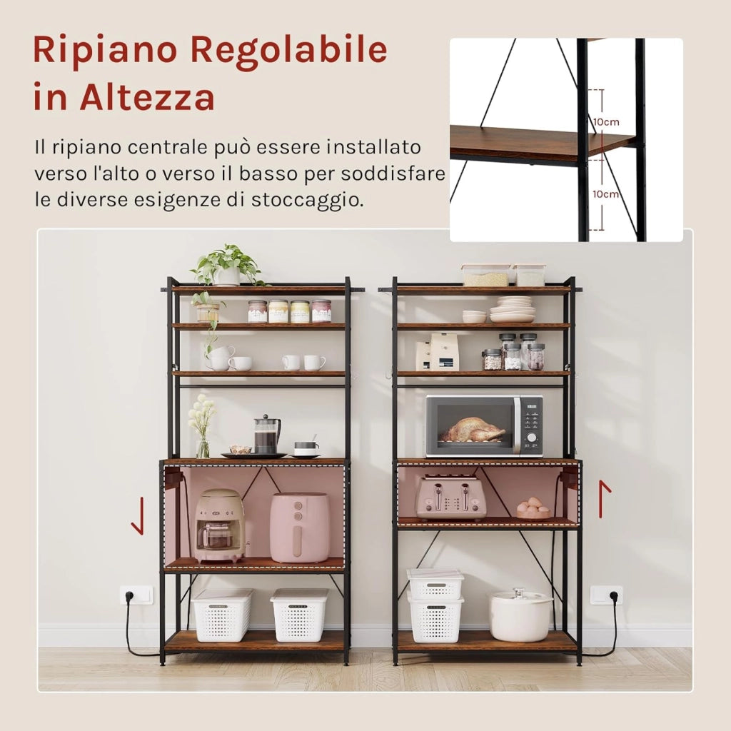 Scaffale da Cucina a 6 Livelli con Prese di Corrente, Scaffale per Microonde con Struttura in Metallo e Piano di Lavoro Aperto, Nero+Marrone Rustico, 80x39,5x167cm