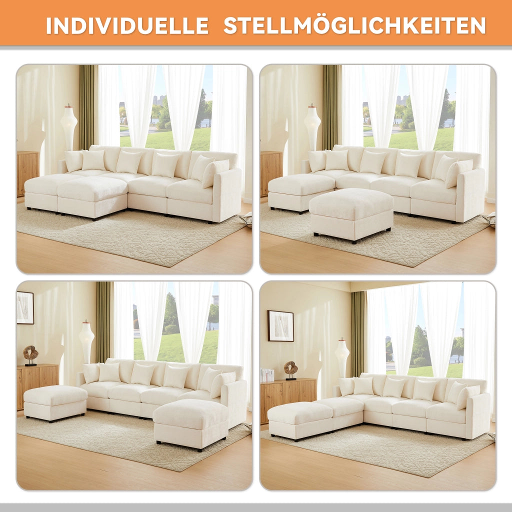 Divano ad angolo convertibile modulare con braccioli regolabili e 2 pouf in ciniglia beige