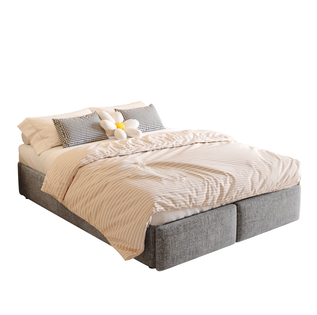 Letto imbottito 140x200 cm senza testiera; con contenitore idraulico e 2 cassetti; grigio