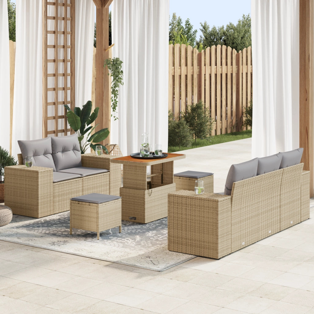 Set Divano da Giardino 8 Pezzi con Cuscini Beige Polyrattan Acacia