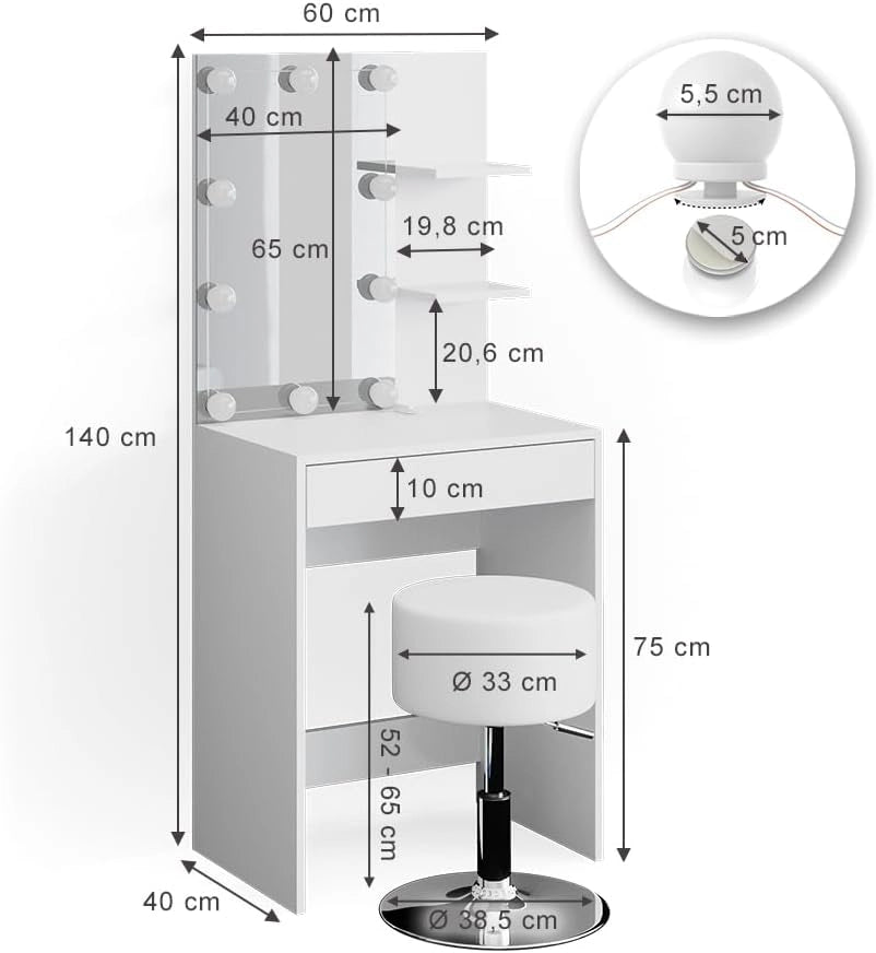 Vicco Tavolo da toeletta Isabelle, Bianco, 60 cm con illuminazione LED e sgabello, Salvaspazio e funzionale allo stesso tempo