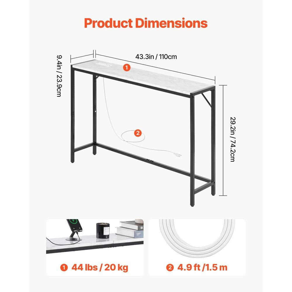 Marble Console Table, Modern Long Hallway Table (110 Cm) With Power Outlet, Thin Sofa Side Table With Iron Pipes, Anti-tip Device & Triangular Support For Living Room, Hallway, Entrance Area
