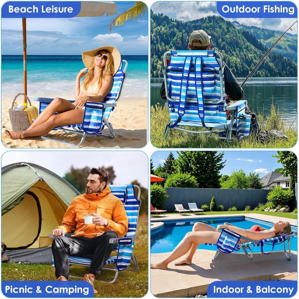 Sedia da spiaggia con funzione zaino, pieghevole con funzione di sdraio, per sabbia, schienale alto, regolabile, con bracciolo, cuscino lombare, poggiatesta tasche laterali, sedia da campeggio
