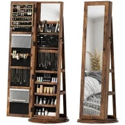 Specchio Portagioie da Terra Girevole a 360° con Ripiani e Chiusura a Chiave, 55x55x161 cm, Marrone Rustico