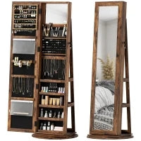 Specchio Portagioie da Terra Girevole a 360° con Ripiani e Chiusura a Chiave, 55x55x161 cm, Marrone Rustico