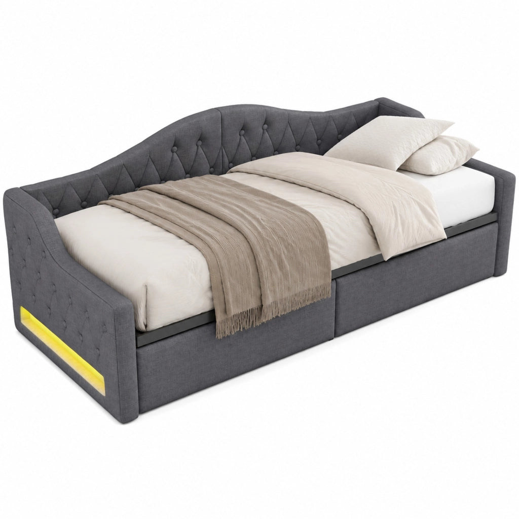 Letto da giorno imbottito 90x200 cm con LED; contenitore sotto il letto; grigio