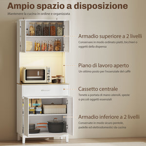 Credenza Moderna 71x40x180 cm con Luci LED Prese Elettriche e USB 2 Armadietti e Cassetto Bianco