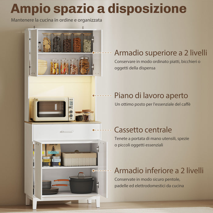 Credenza Moderna 71x40x180 cm con Luci LED Prese Elettriche e USB 2 Armadietti e Cassetto Bianco