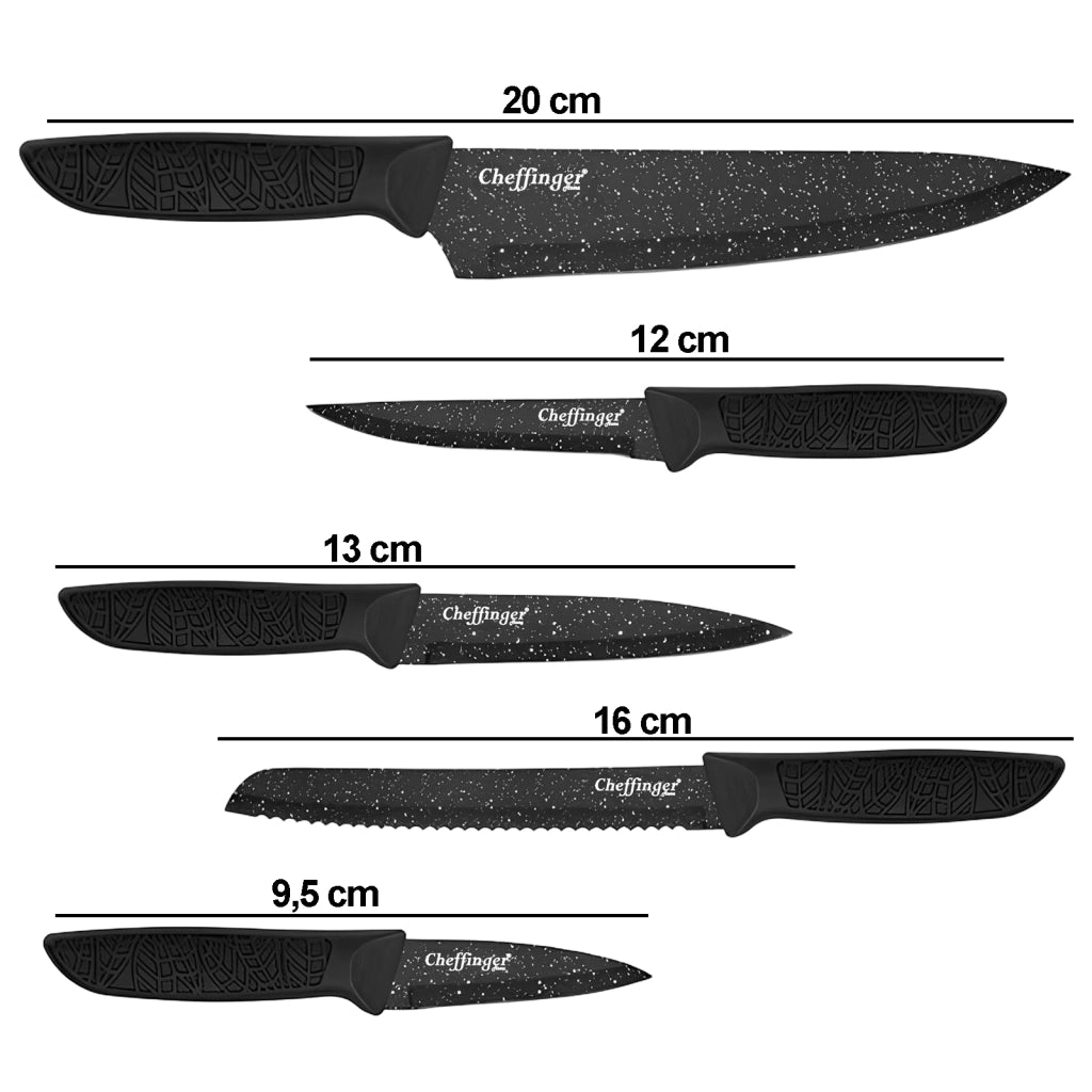 Set di 6 Coltelli Effetto Marmo Antiaderenti con Pelapatate Nero Cheffinger