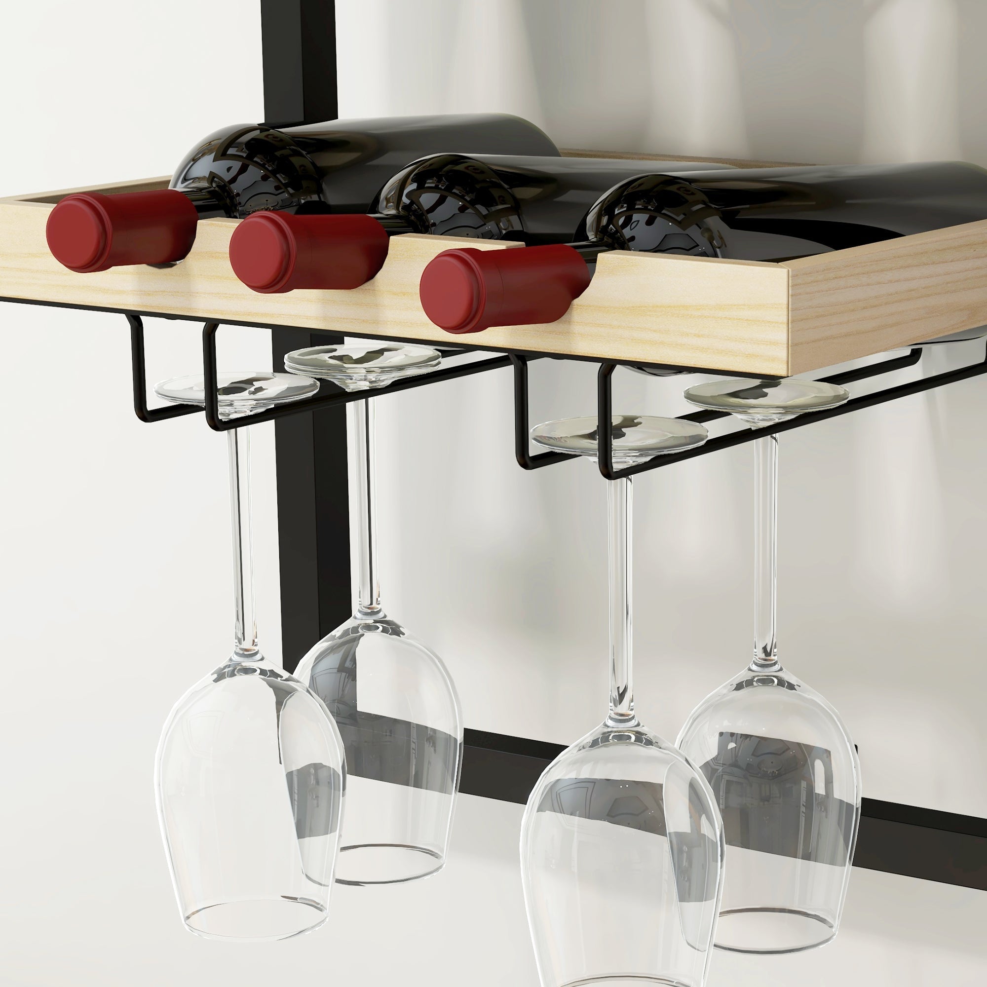 Portabottiglie da Parete per 15 Bottiglie e 4 Calici 35x25x86cm in Legno e Acciaio