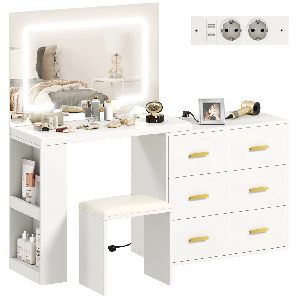 Scrivania trucco con specchio e sgabello, 6 cassetti, illuminazione LED regolabile ¨C zephmum ¨C bianco, 118x78x135 cm
