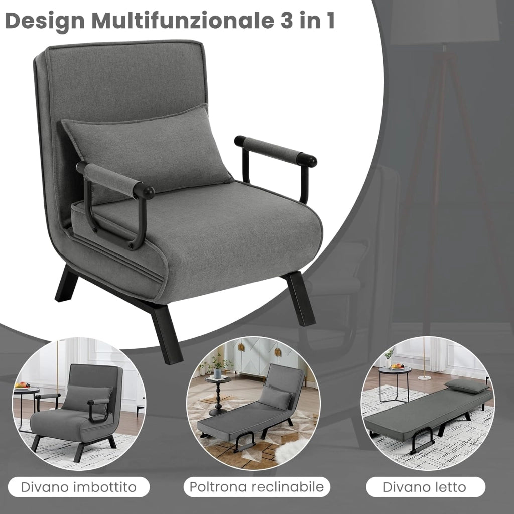 Poltrona Relax Reclinabile Convertibile, Divano Letto Trasformabile 3 in 1, con Schienale Regolabile in 5 Posizioni, Cuscino Rimovibile, Seduta Imbottita, 65 x 75 x 78cm, Grigio Scuro