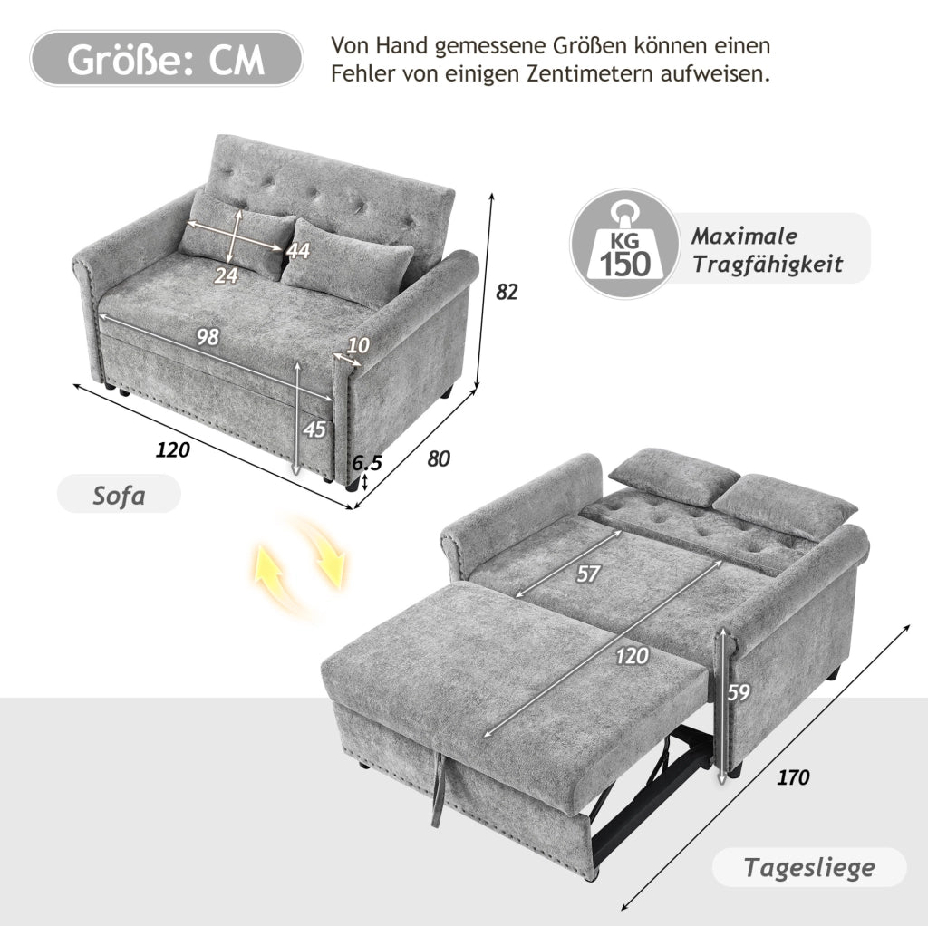 Divano letto 3 in 1 con schienale regolabile; chenille grigio
