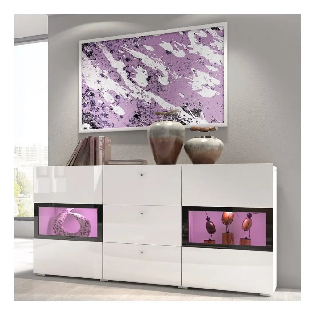 Buffet RAMOS – Colore bianco lucido e nero – LED multicolori integrate - 2 porte vetrate + 3 cassetti