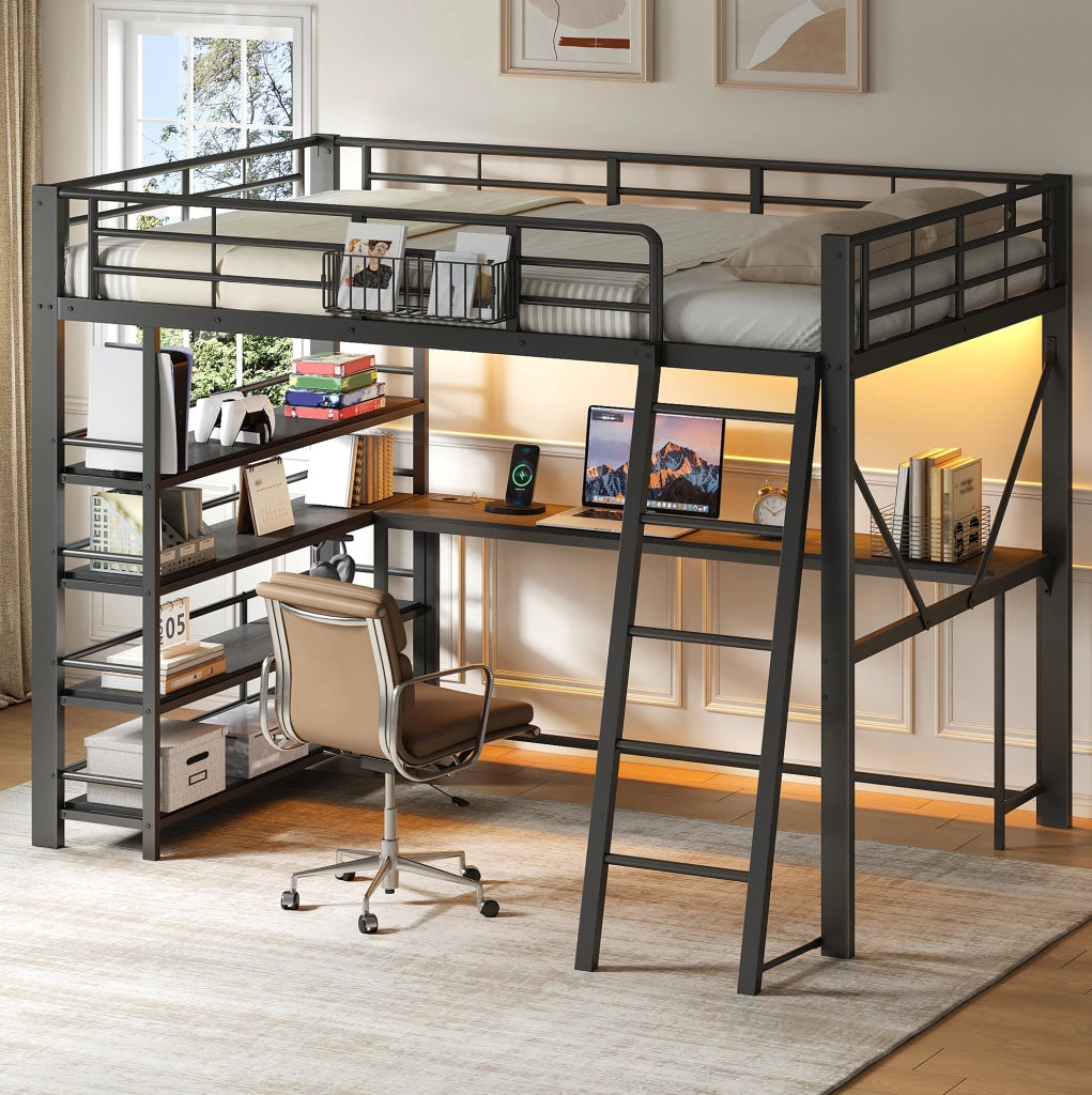 Letto a soppalco 140x200 cm con scrivania, LED e ricarica in metallo nero