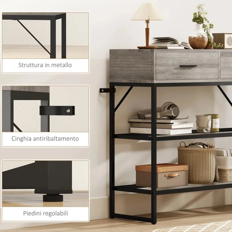 CONSOLLE DA INGRESSO CON 2 CASSETTI, 2 RIPIANI E GANCIO LATERALE, IN LEGNO E METALLO, 100X35X92 CM, NERO E LEGNO