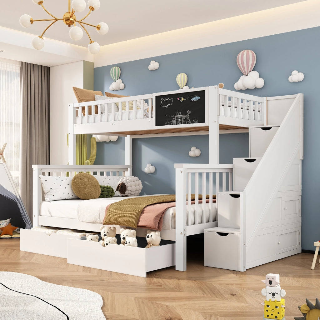 Letto a Castello 90x200 cm; Letto Singolo - Lavagna; Cassetti; Contenitore - Bianco