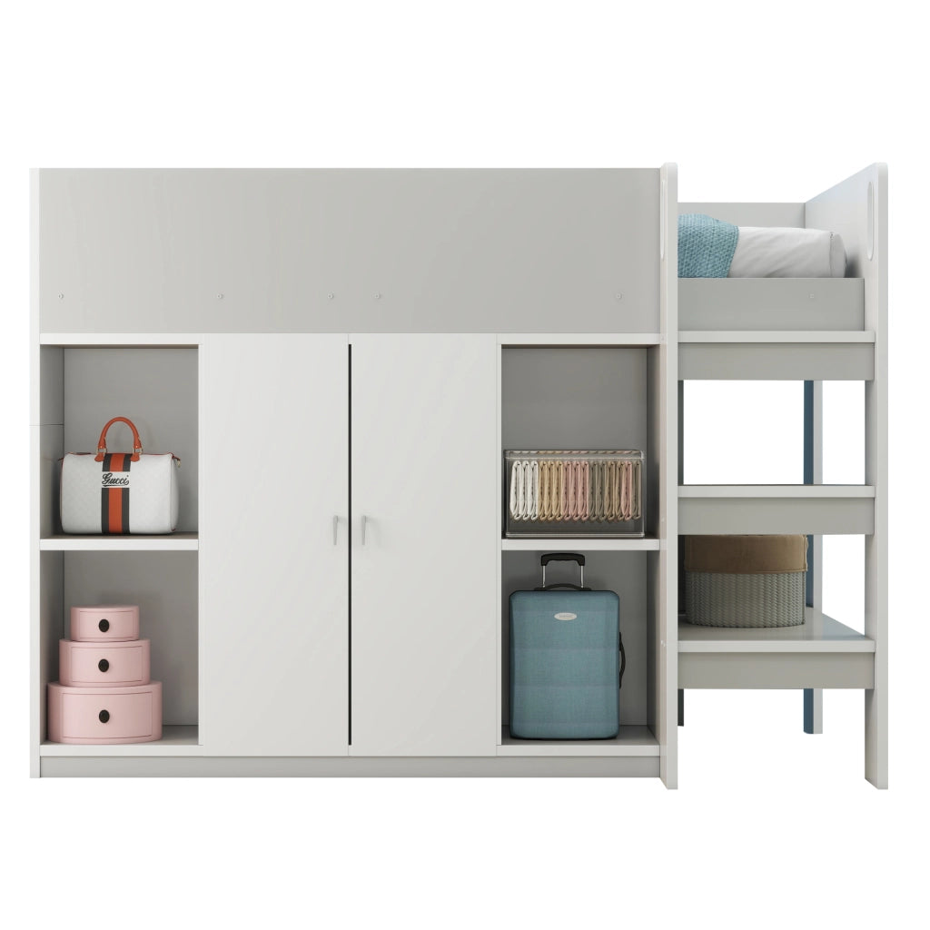 OKWISH Letto A Soppalco 90×200 cm, Letto Singolo con Armadio, Mensole e Scala, senza Materasso, in Legno Massiccio, Grigio