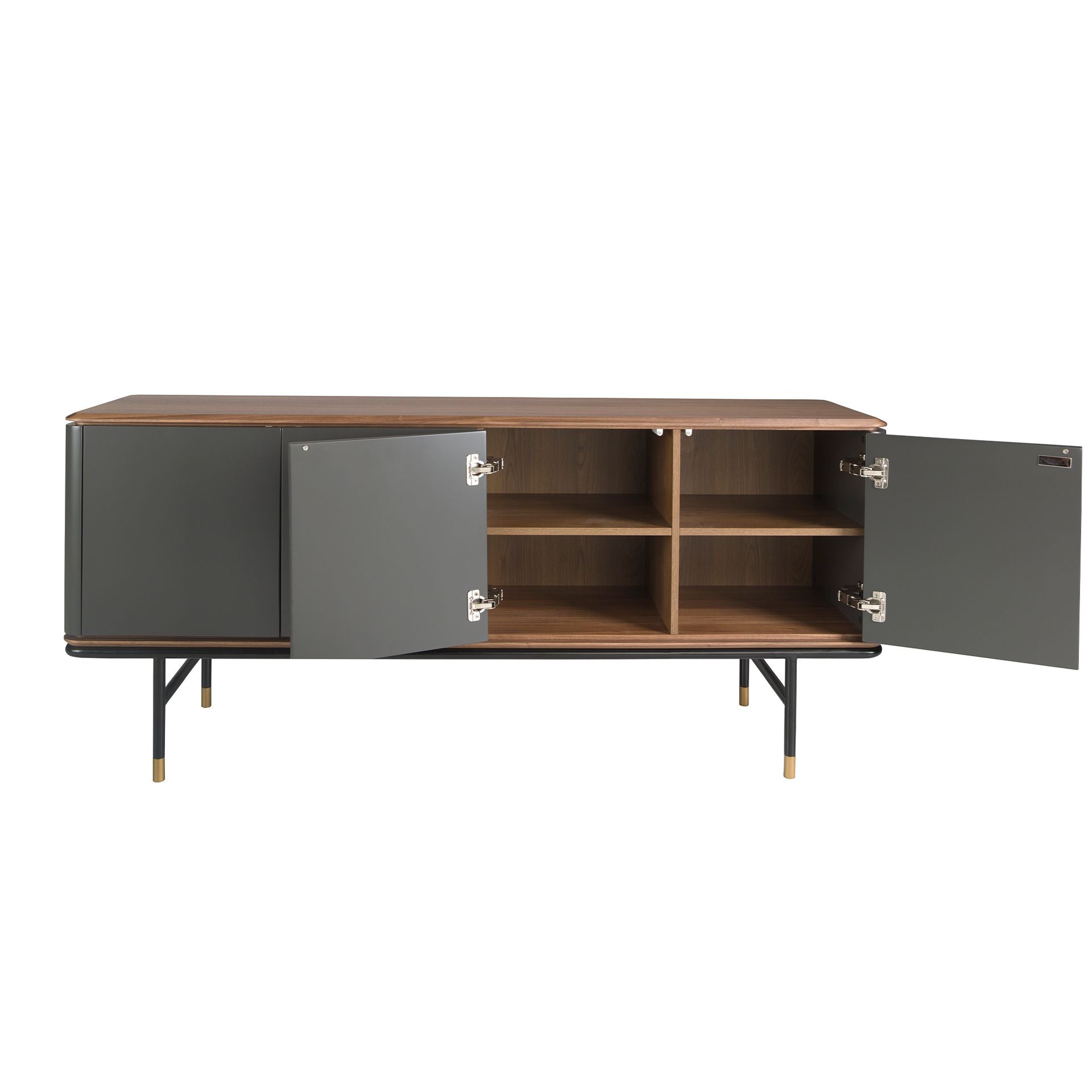 Credenza in legno grigio scuro, acciaio nero e piano in noce