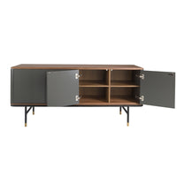 Credenza in legno grigio scuro, acciaio nero e piano in noce