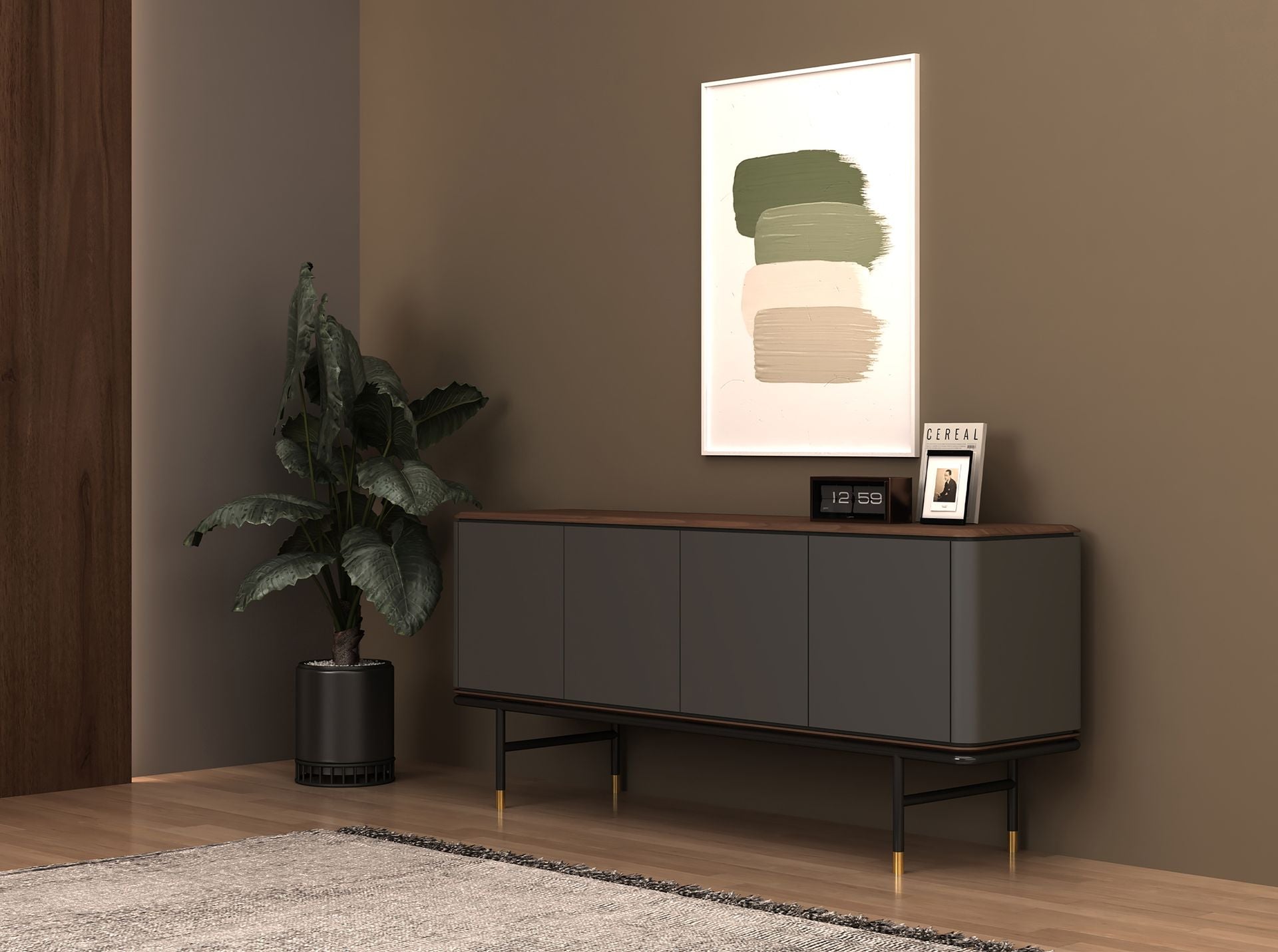 Credenza in legno grigio scuro, acciaio nero e piano in noce