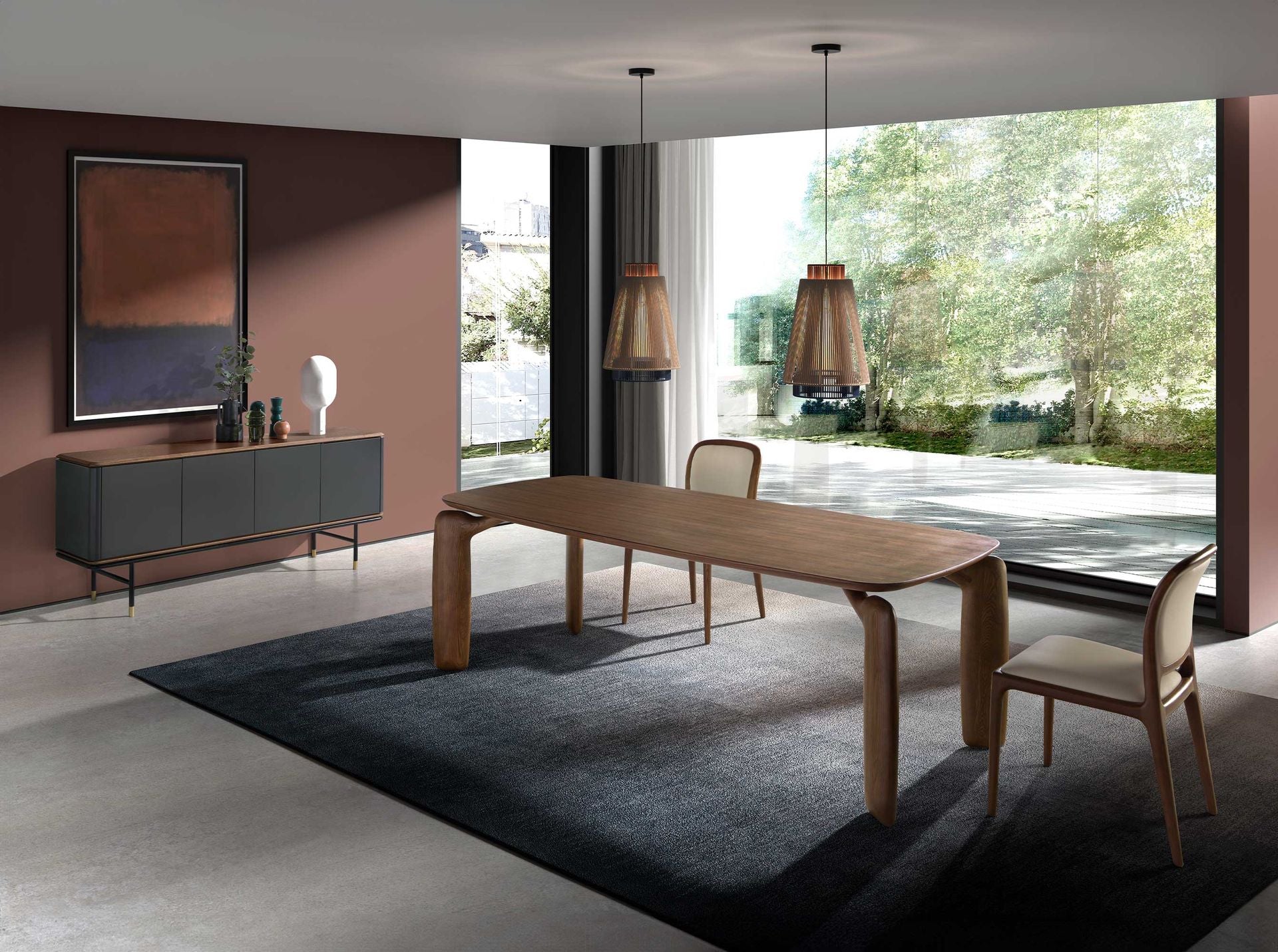 Credenza in legno grigio scuro, acciaio nero e piano in noce