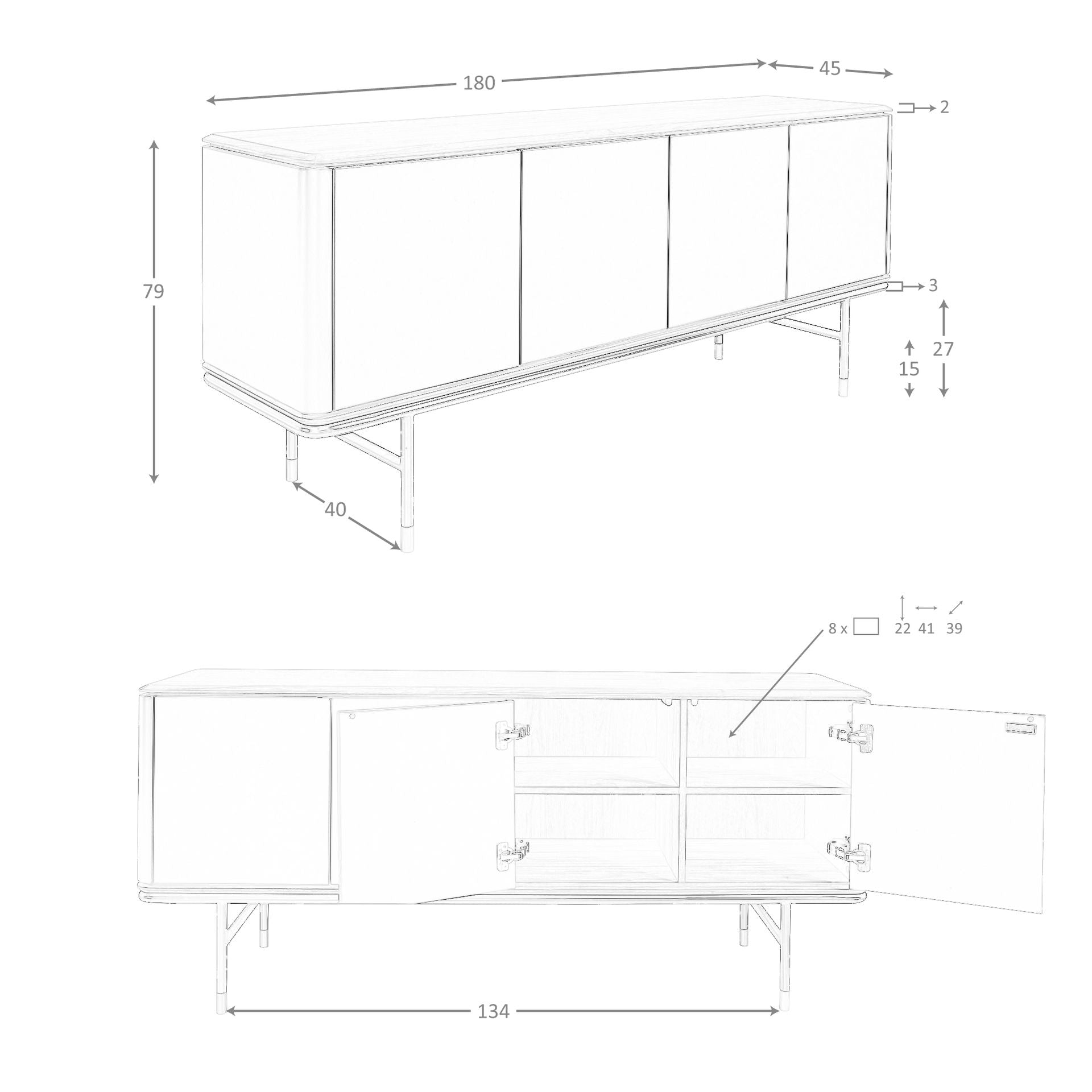 Credenza in legno grigio scuro, acciaio nero e piano in noce