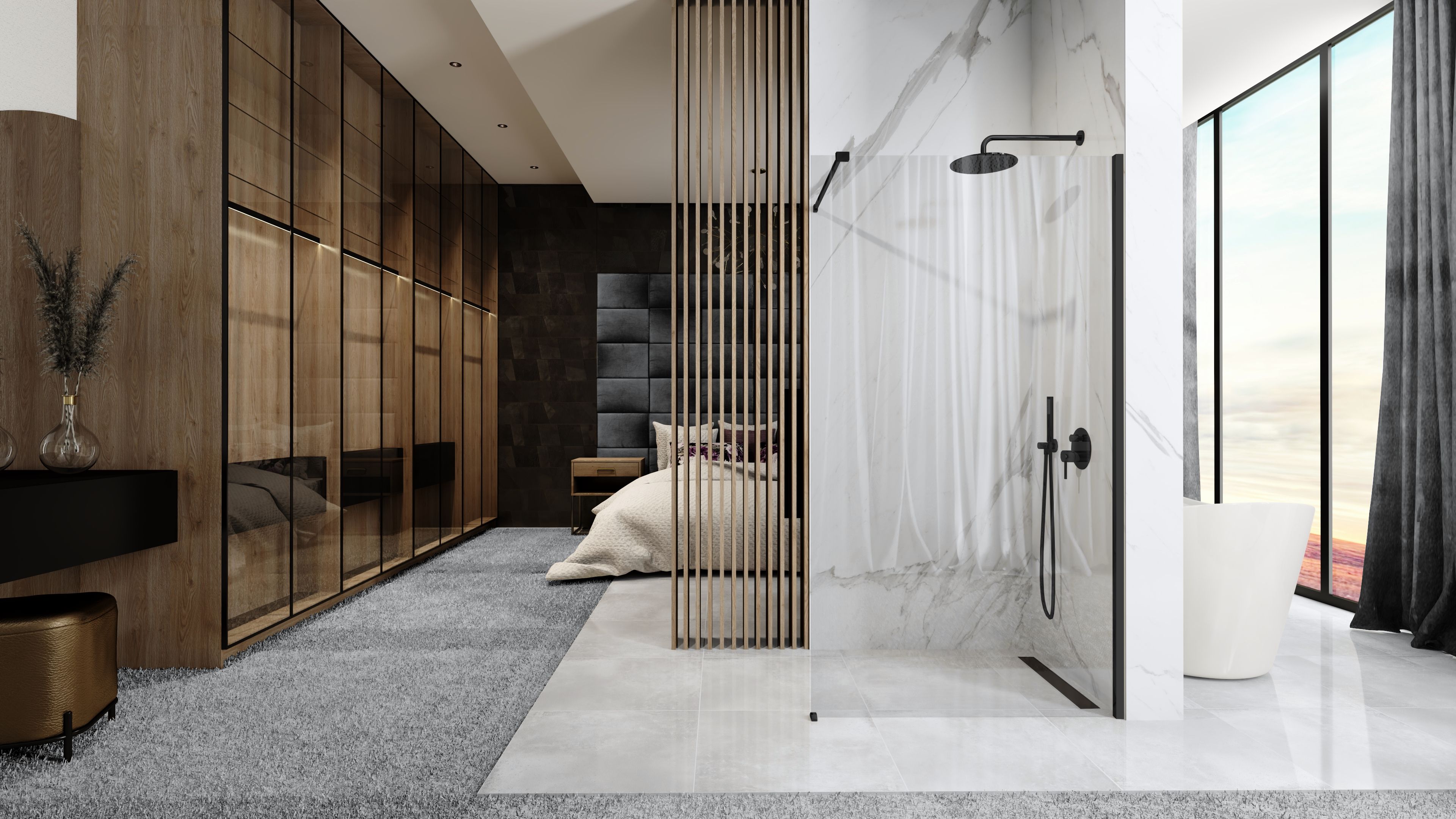 Parete Doccia Rea Aero Black Mat 100 Con Mensola Evo