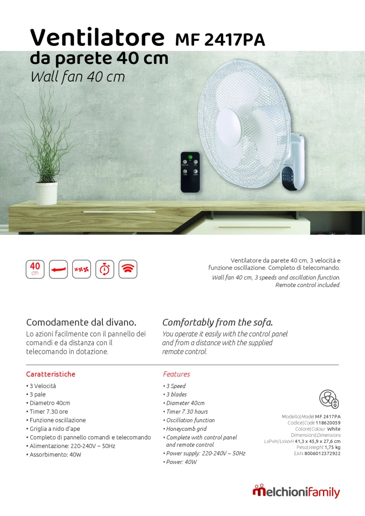 Melchioni Family MF2417PA Ventilatore da parete 40 cm con telecomando 3 velocità oscillazione 40W