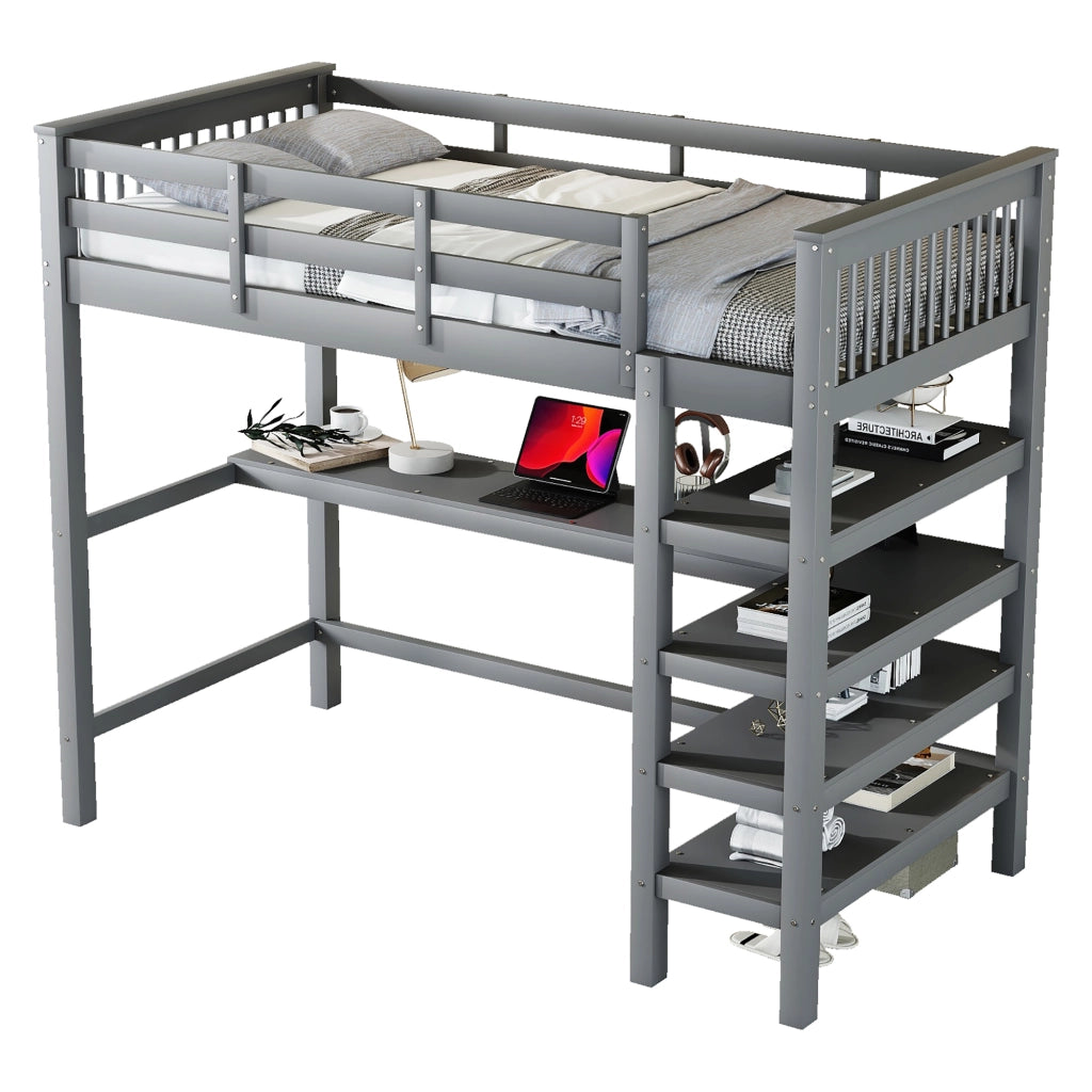 Letto a castello grigio con scrivania e scomparti in pino 90x200 cm
