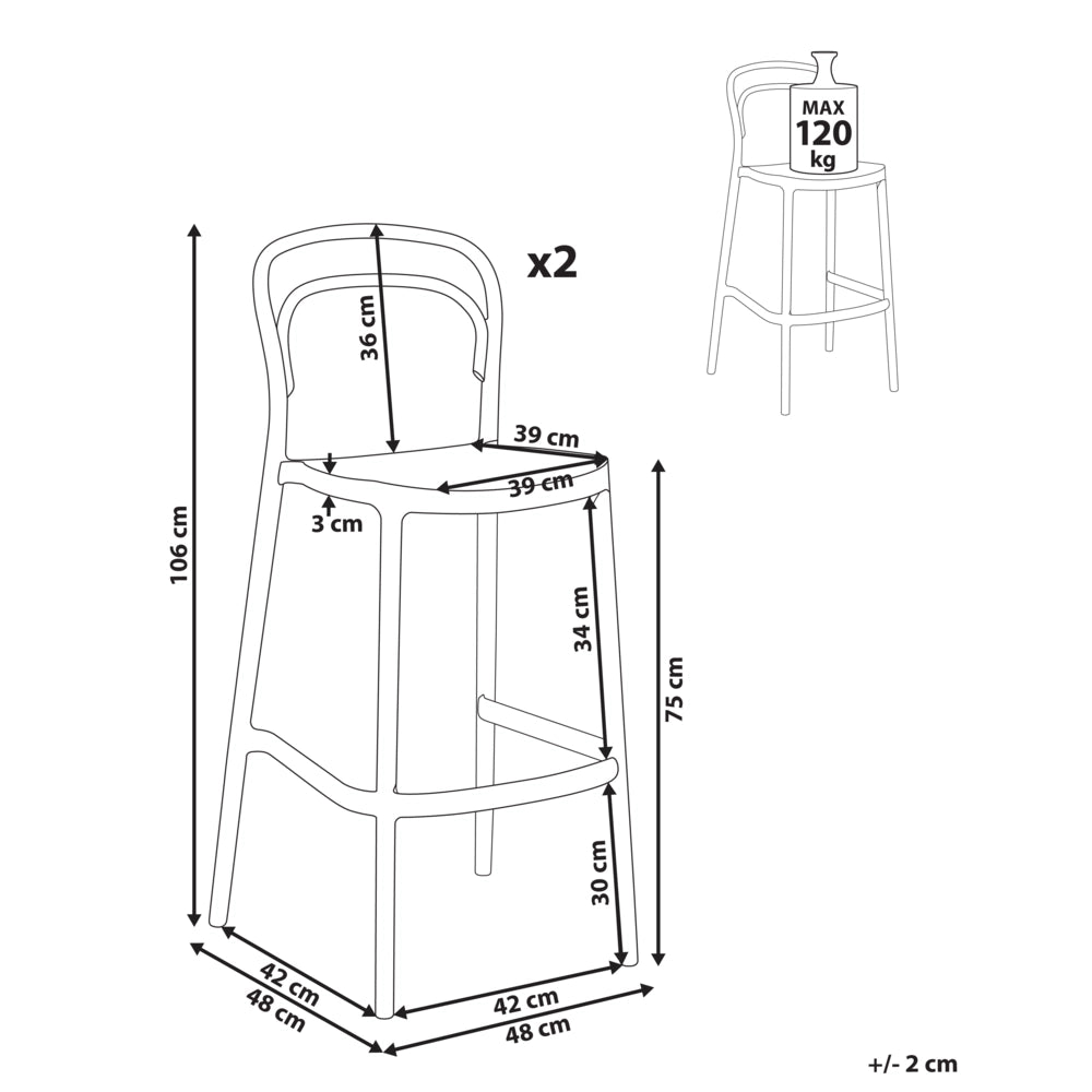 Set di 2 sedie da bar in plastica beige moderna resistente alle intemperie per uso interno ed esterno