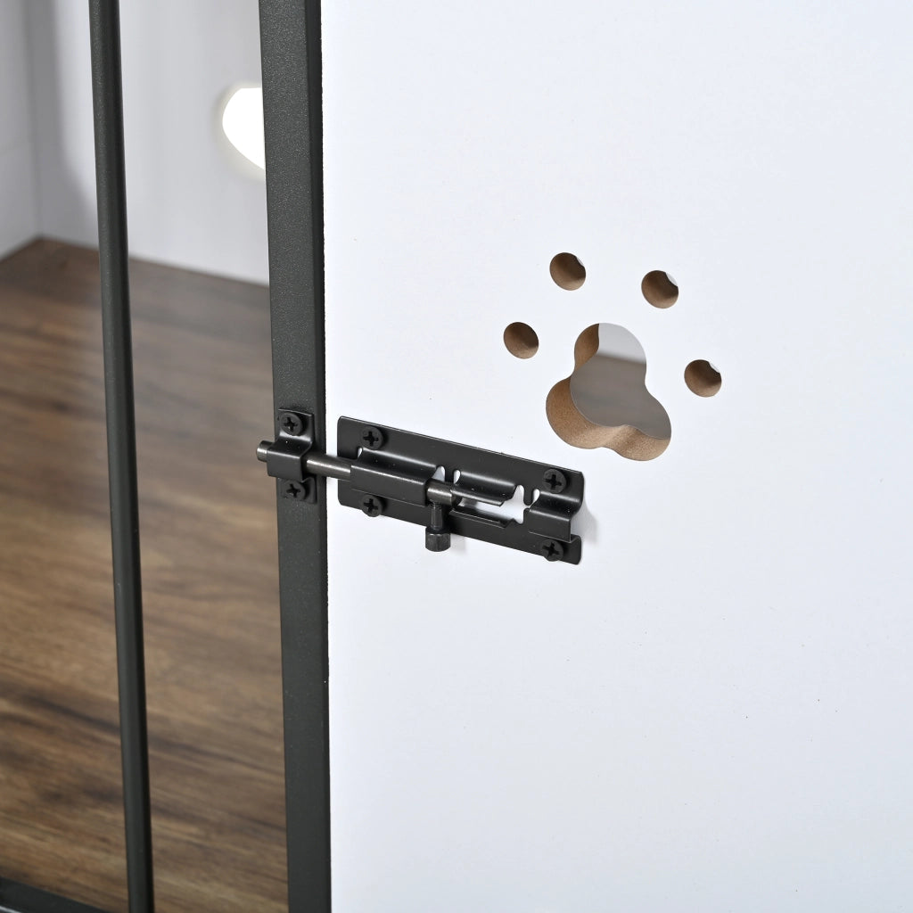 Scaffale 2 in 1 per cani con ciotole in acciaio rialzate struttura in MDF e metallo bianco e rovere chiaro