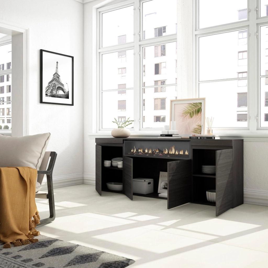 Credenza, Mobile, 200x35x87cm, 4 Porte, Camino elettrico, Design industriale, Nero RF2295