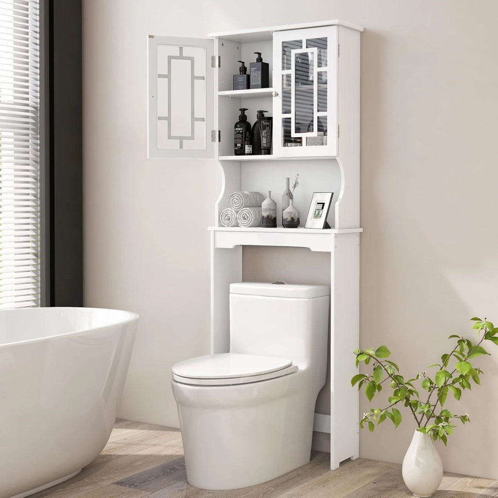 Mobile Lavatrice Salvaspazio 3 Livelli, Scaffale Portaoggetti con Ripiano e Ante in Vetro Temperato, Bianco, 170,5x60x21,5cm