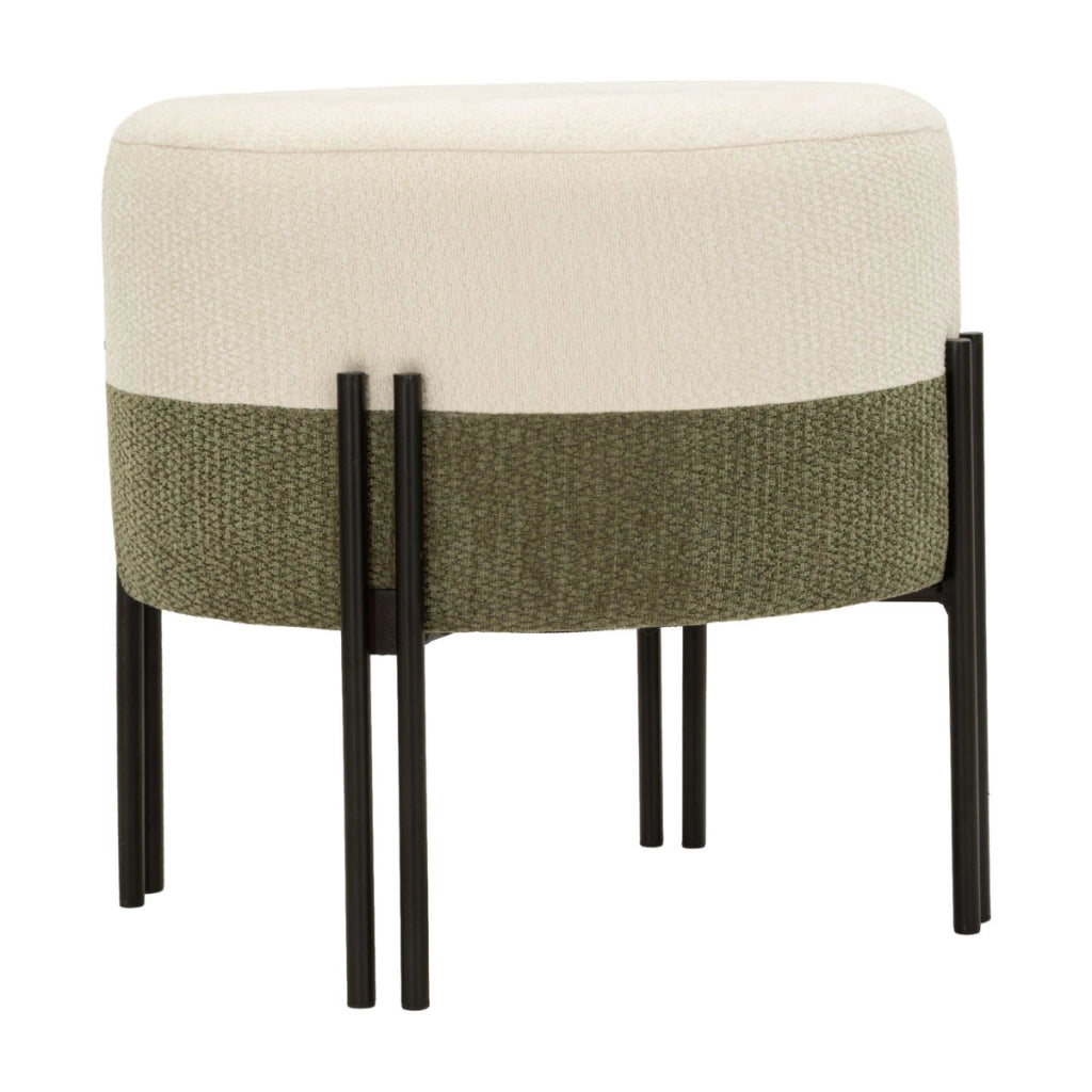 Pouf moderno bicolore crema e verde con struttura in ferro nero