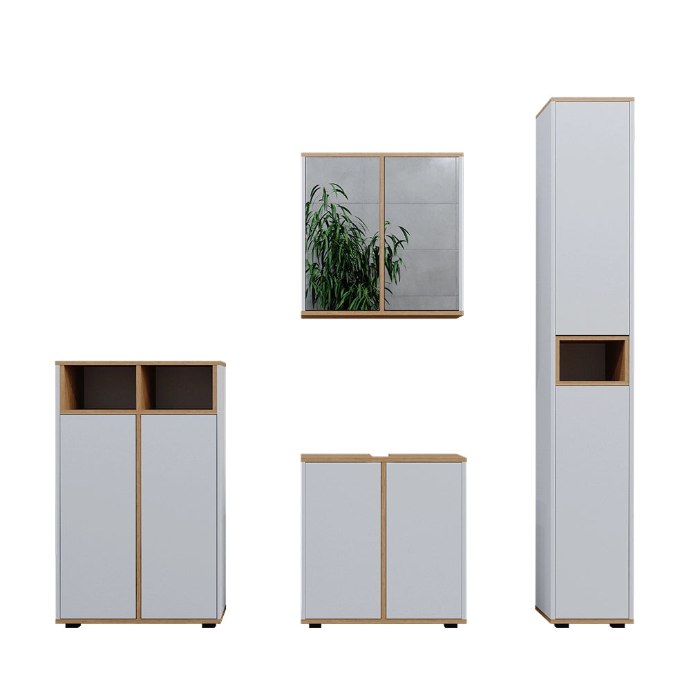 Vicco Set mobili bagno Bianco/Artisan 4 pezzi, con colonna e mobile midi con ante