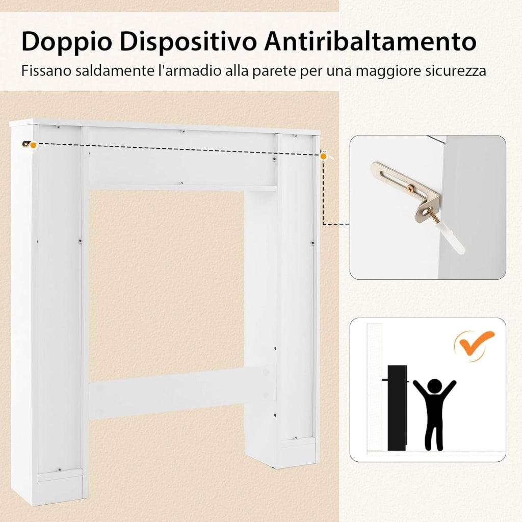 Scaffale Sopra WC, Mobile per Bagno con Doppia Anta, 2 Scomparti Aperti e 4 Ripiani Regolabili, Scaffale Salvaspazio da Terra per Bagno Lavanderia, 87,5x18x98 cm (Bianco)