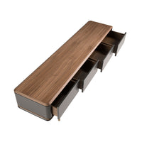 Porta TV in legno grigio scuro opaco, acciaio nero e piano in noce