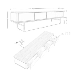 Porta TV in legno grigio scuro opaco, acciaio nero e piano in noce