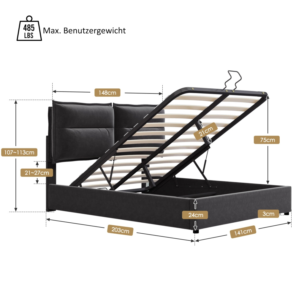 Letto matrimoniale idraulico – 140x200 cm – testiera regolabile contenitore – velluto nero