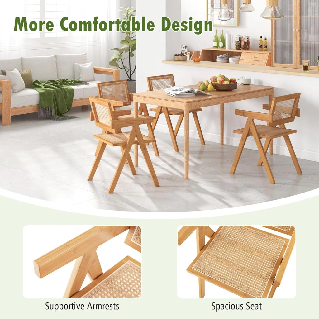 Set Sedie da Pranzo a 2 Pezzi, Schienale e Seduta in Finto Rattan Intrecciato, Sedie da Cucina di Bambù con Braccioli, Sedie in Stile Minimalista per Soggiorno, Balcone e Caffè