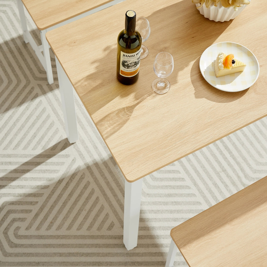 Tavolo da pranzo per 4 persone con 2 panche, stile industriale, per cucina, in truciolare e acciaio, naturale e bianco, 110 × 60 × 75 cm