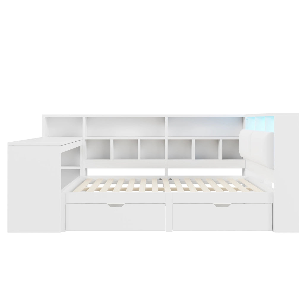 Letto angolare 140x200 bianco con scrivania, libreria, LED e cassetti