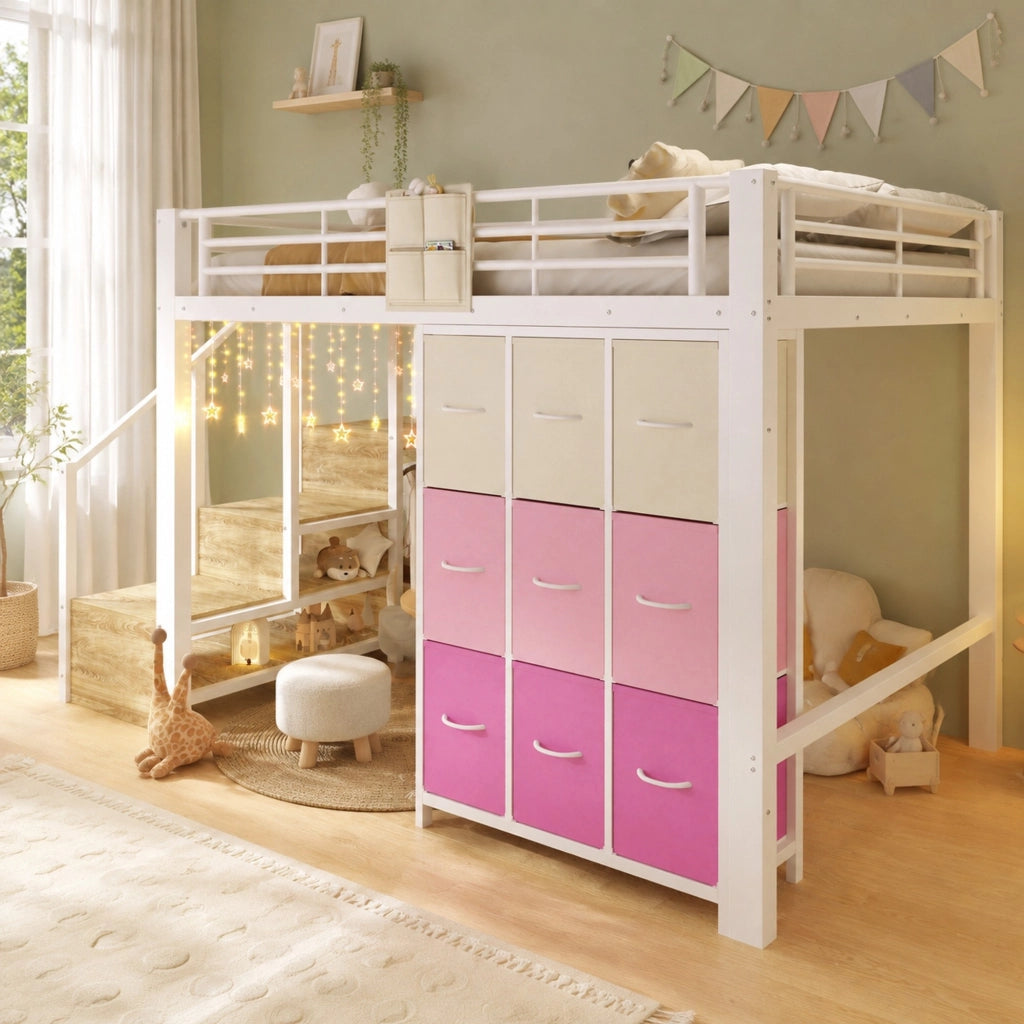 Letto a Soppalco 140x200 cm; Cassetti; Appenderia e Scala contenitore - Bianco