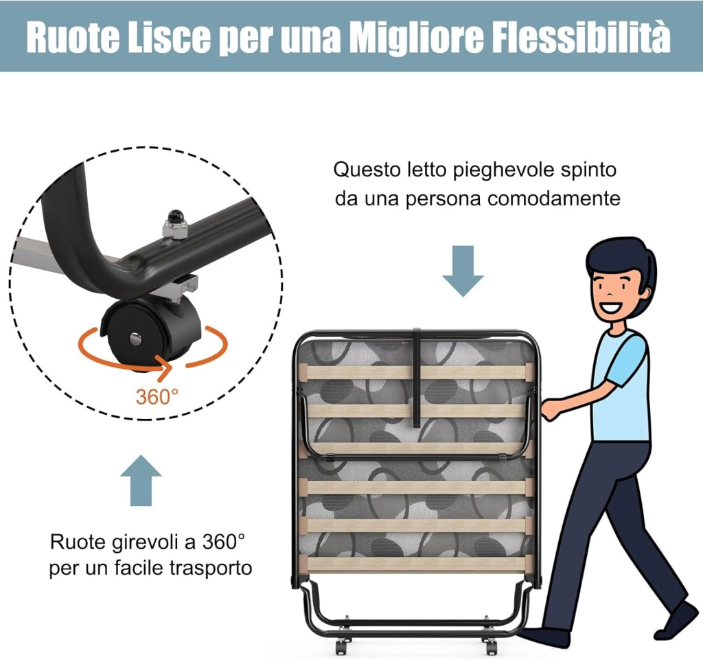 Brandina Pieghevole con Materasso, in Memory Foam, Struttura Resistente e 4 Ruote Girevoli, Lettino Pieghevole per Casa Ufficio, 190x80x38 cm (Grigio)