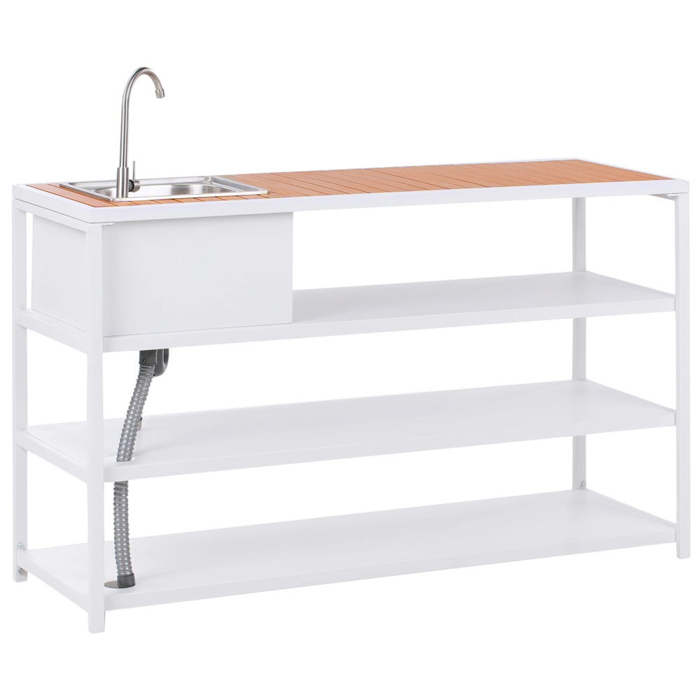 Isola da giardino per esterni con lavello con bocca a leva singola acciaio bianco 159 x 50 x 91 cm con ripiani esterno