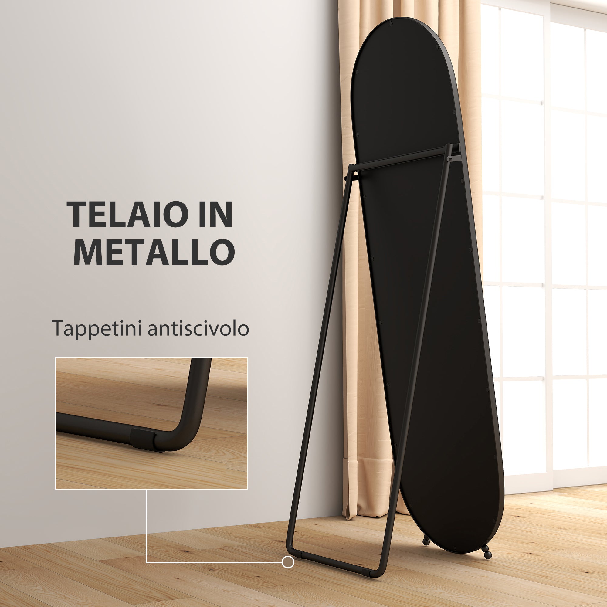 Specchio a Figura Intera da Terra 40x41x159 cm in Vetro e Metallo Nero