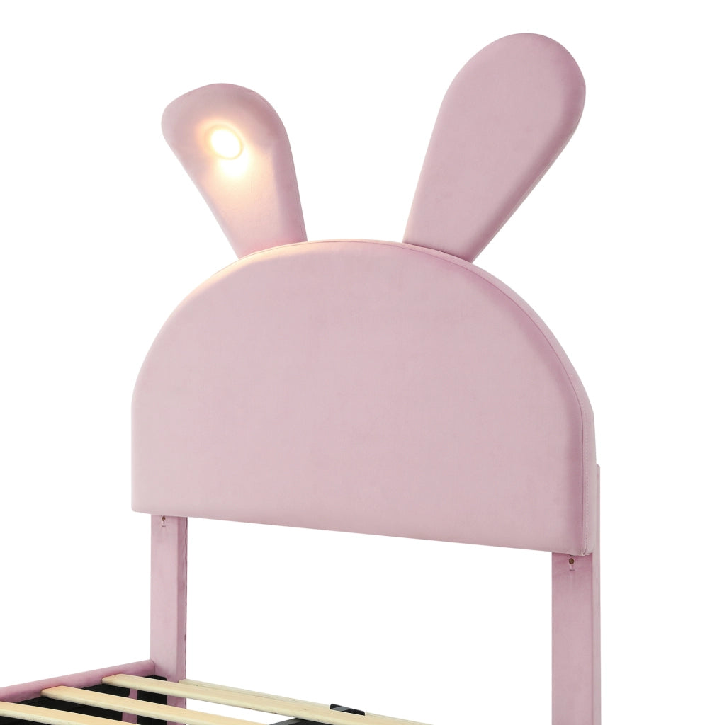 Letto imbottito singolo con orecchie da coniglio, luci LED regolabili e 2 pouf contenitore