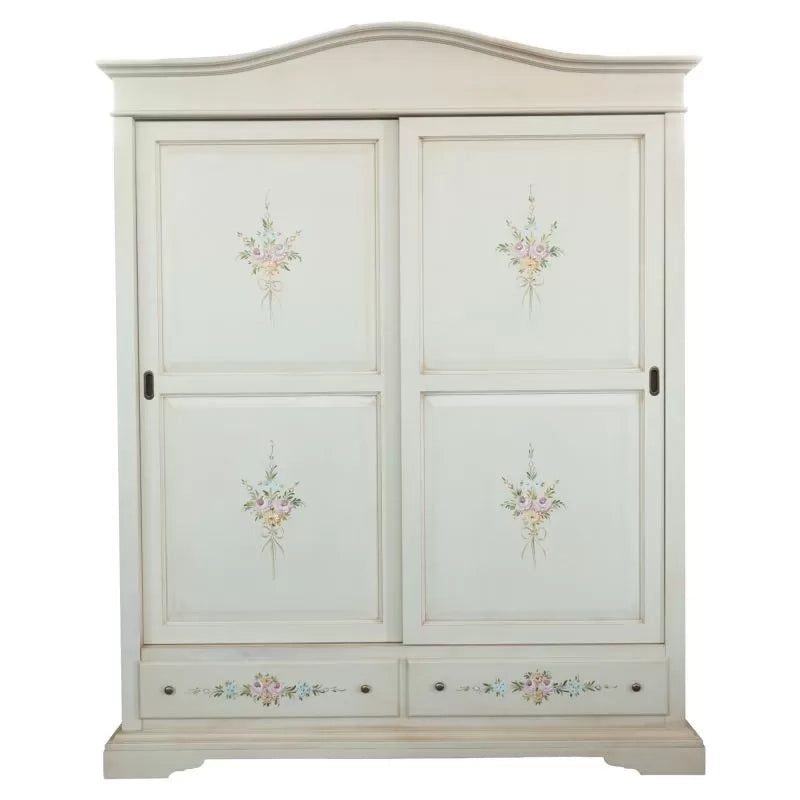Armadio 2 ante scorrevoli legno shabby bianco anticato decori 180x67x225 - Mobili 2G